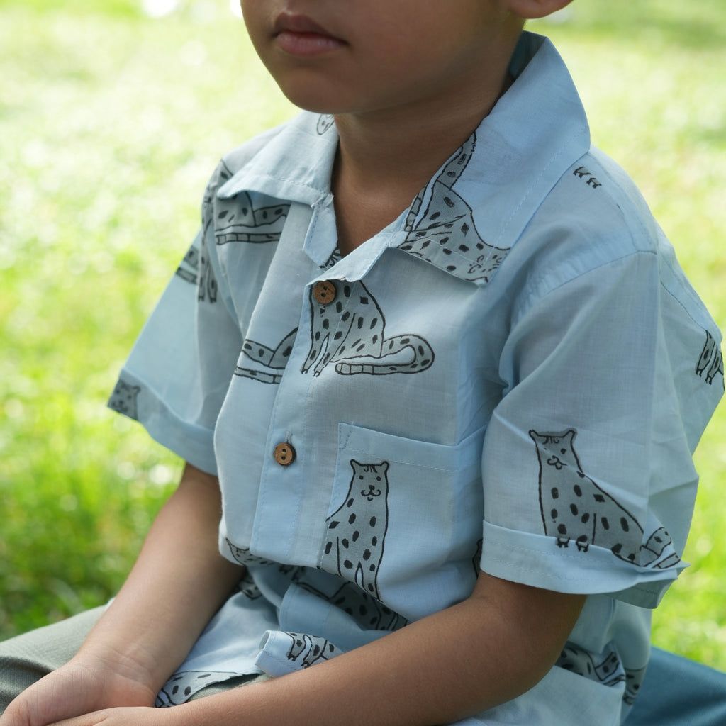 ‘A Leap of Snow Leopards’ Handblocked Shirt
