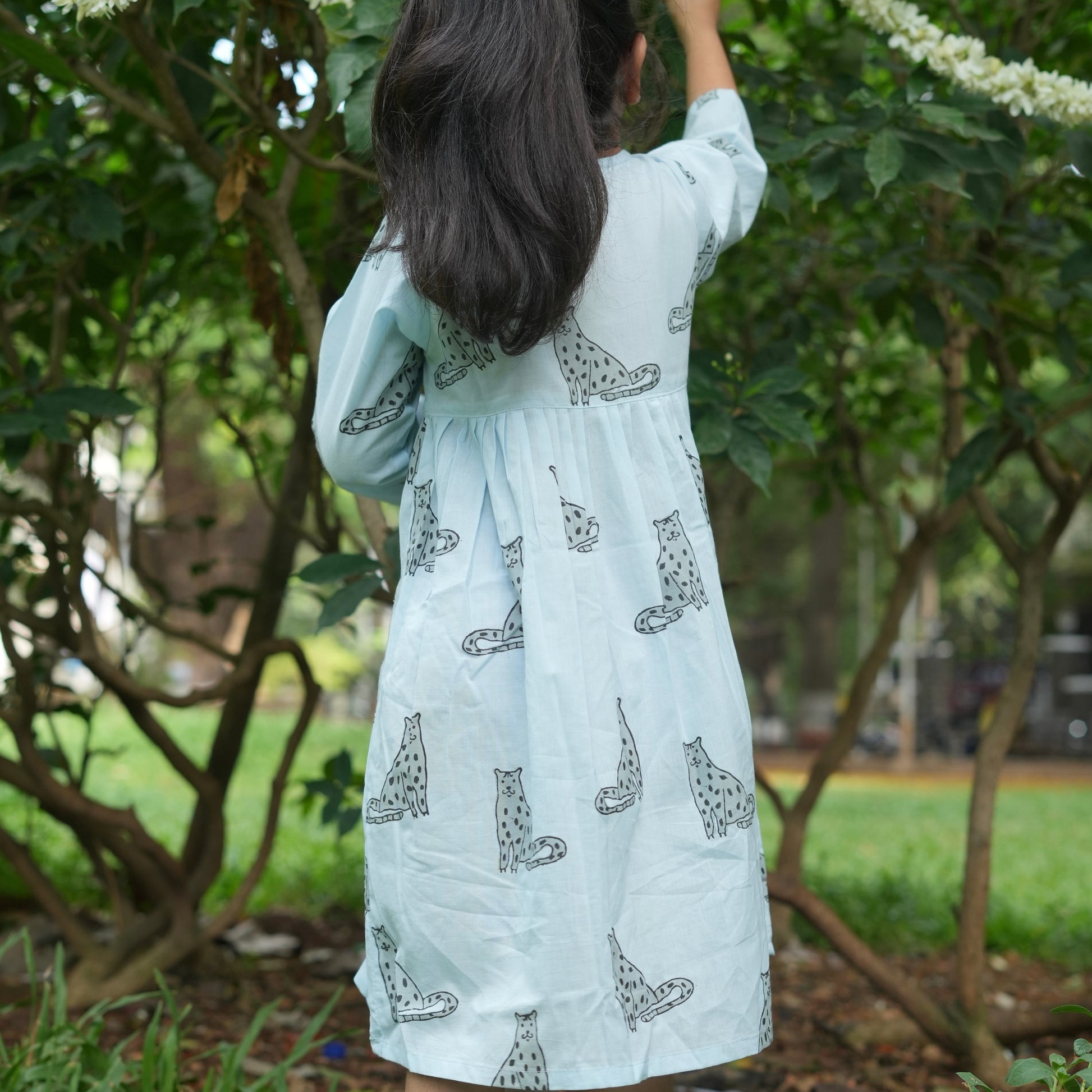 ‘A Leap of Snow Leopards' Handblocked Casual Dress