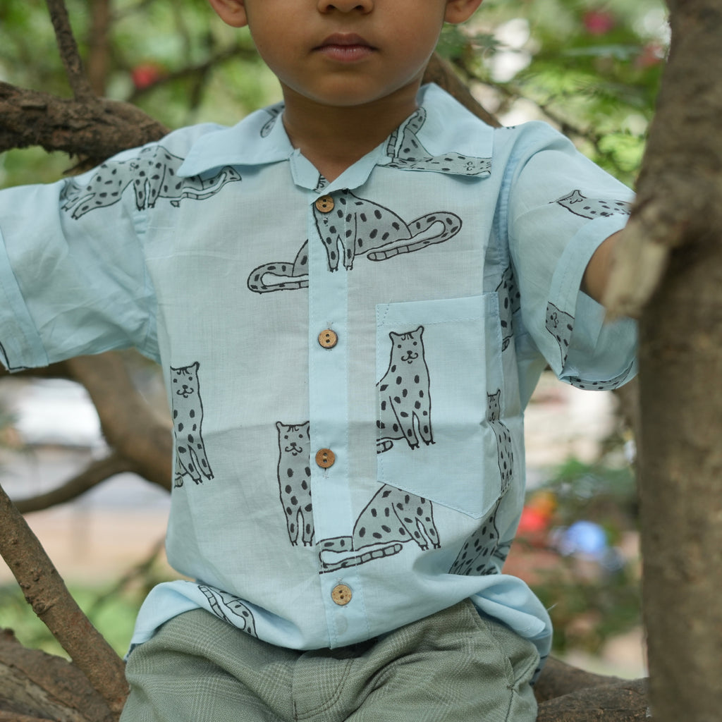 ‘A Leap of Snow Leopards’ Handblocked Shirt