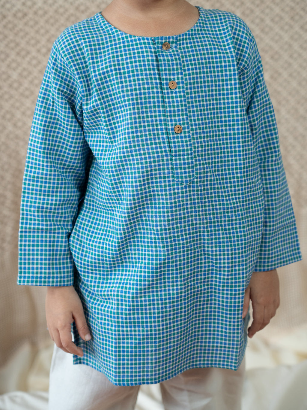 Handloom- Blue Checkered Long Kurta