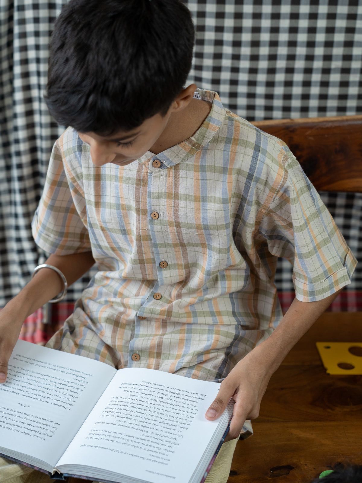 Handloom- Rust Checkered Chinese Collar Shirt