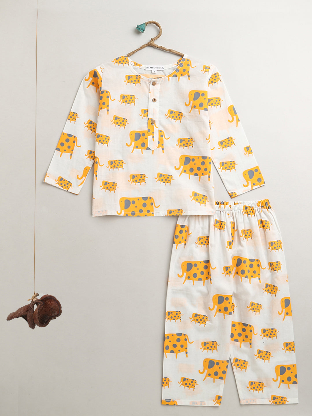 A Parade of Elephants - Kurta Pyjama Set in Yellow and Grey