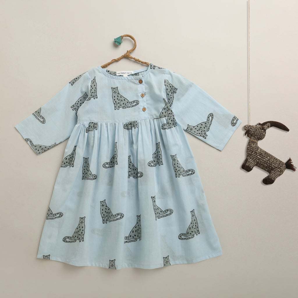 ‘A Leap of Snow Leopards' Handblocked Casual Dress