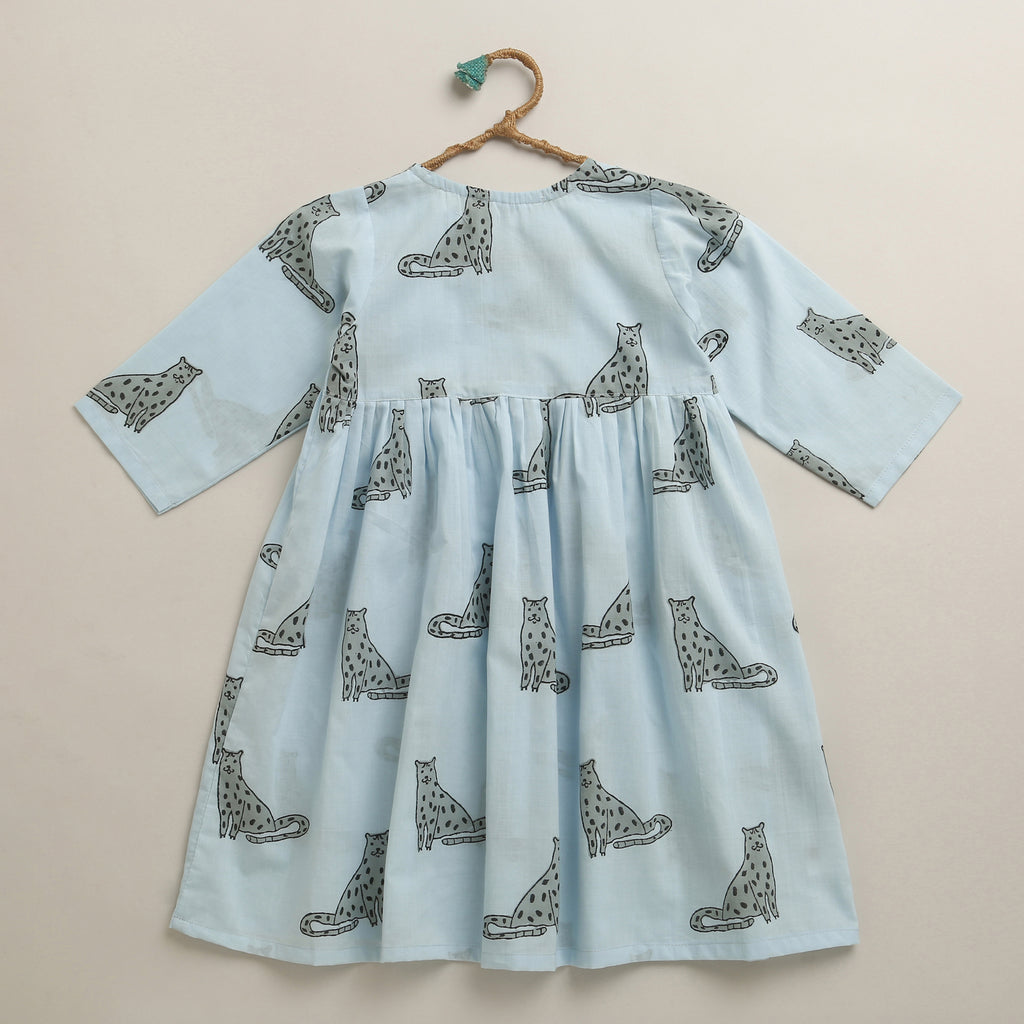 ‘A Leap of Snow Leopards' Handblocked Casual Dress