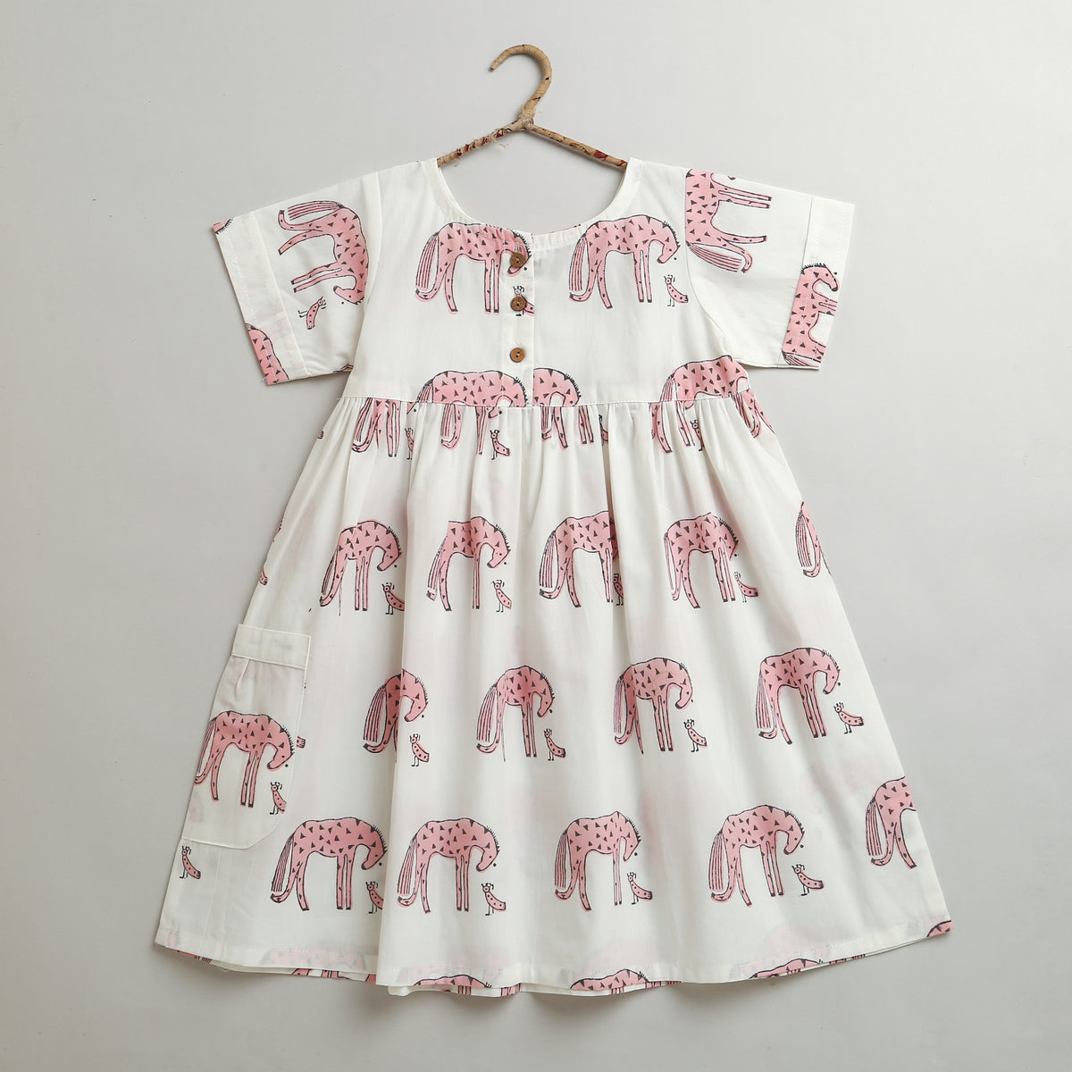 'A Herd of Horses'  - Casual Handblocked Dress on White