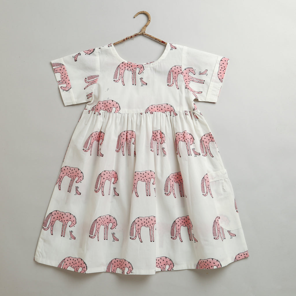 'A Herd of Horses'  - Casual Handblocked Dress on White