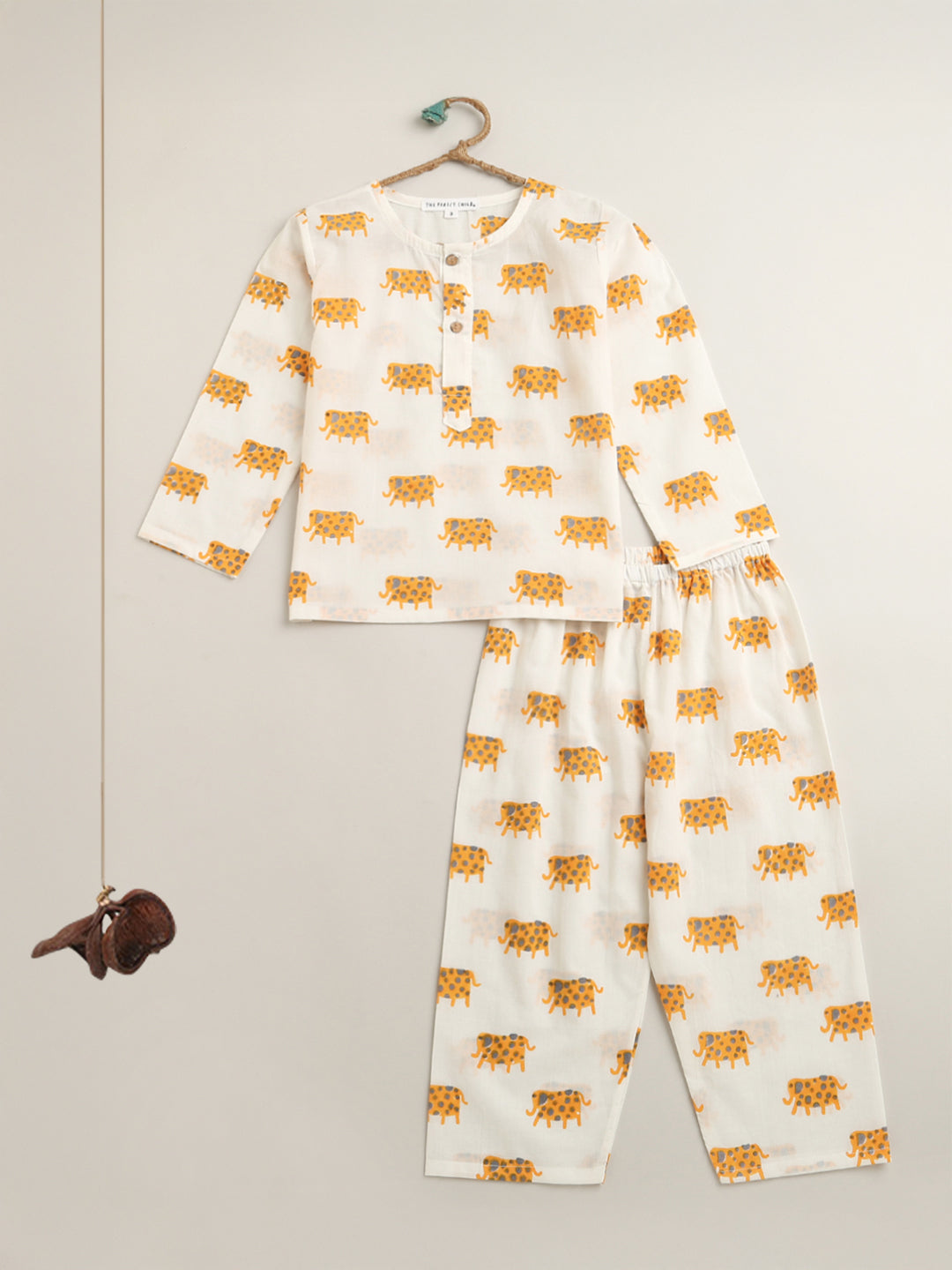 A Parade of Elephants - Kurta Pyjama Set in Yellow and Grey