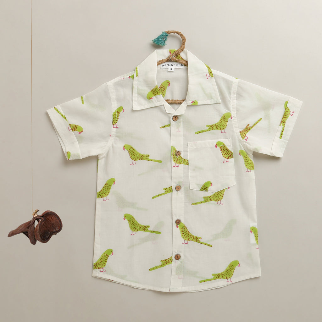 ‘A Cluster of Parakeets’ Handblocked Shirt on White