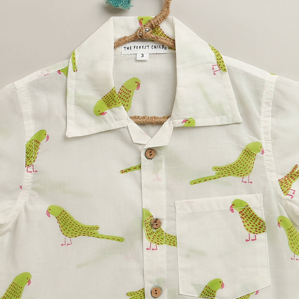 ‘A Cluster of Parakeets’ Handblocked Shirt on White