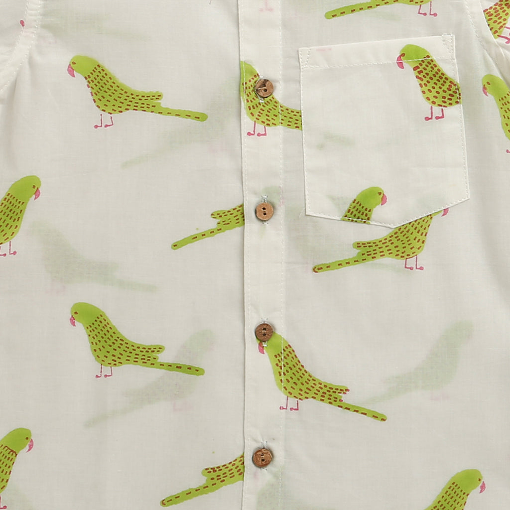‘A Cluster of Parakeets’ Handblocked Shirt on White