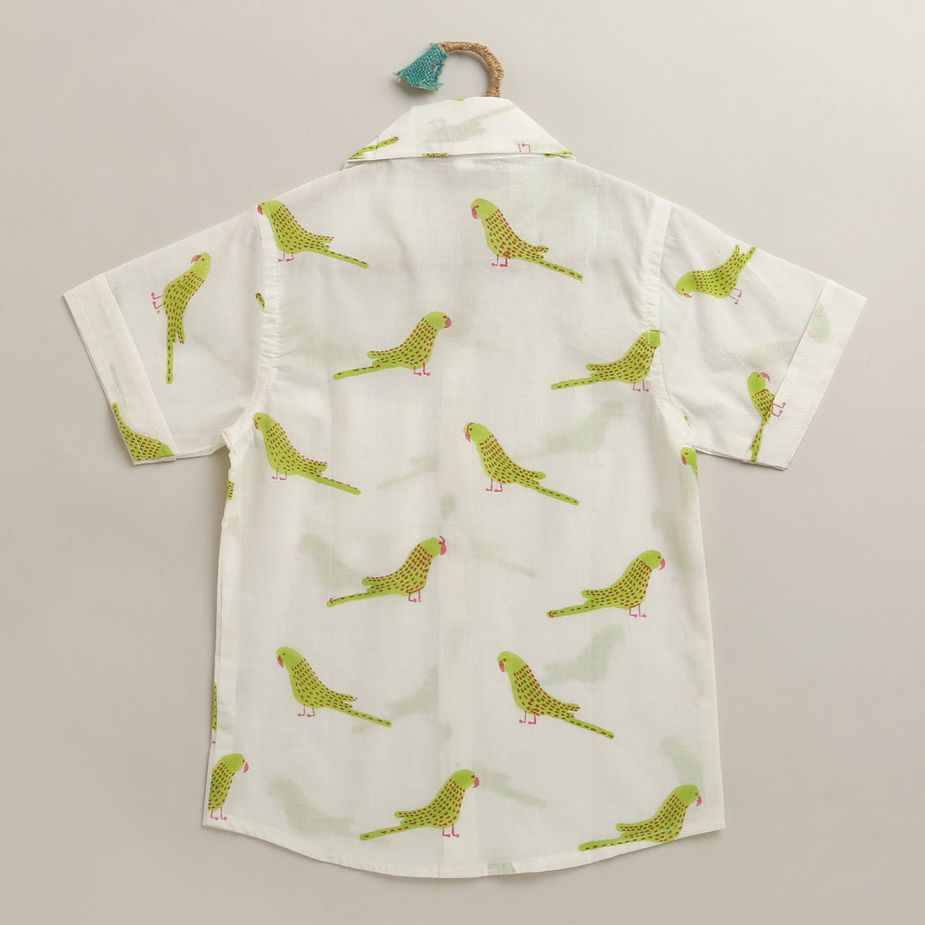 ‘A Cluster of Parakeets’ Handblocked Shirt on White