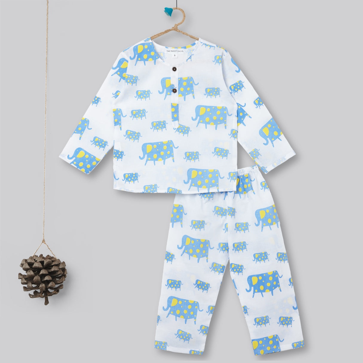 A Parade of Elephants - Kurta Pyjama Set in Blue and Yellow