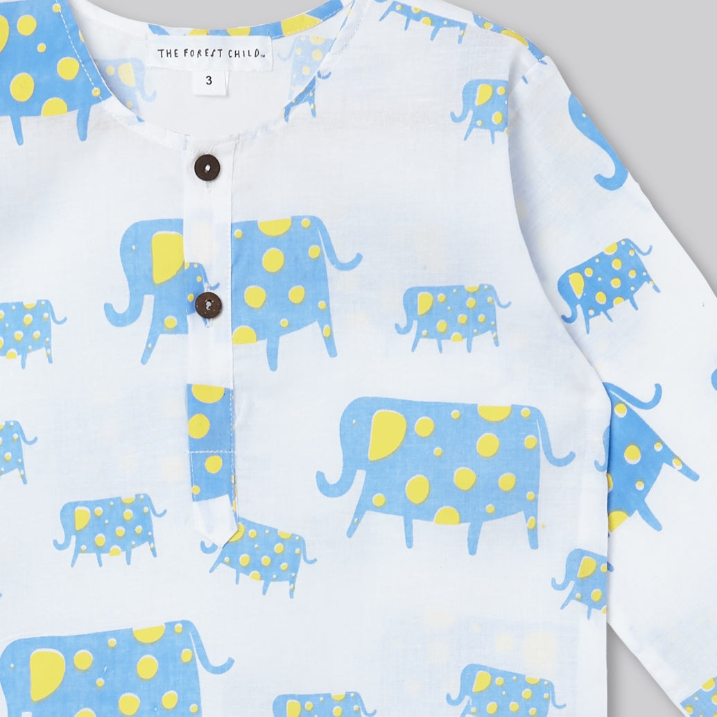 A Parade of Elephants - Kurta Pyjama Set in Blue and Yellow