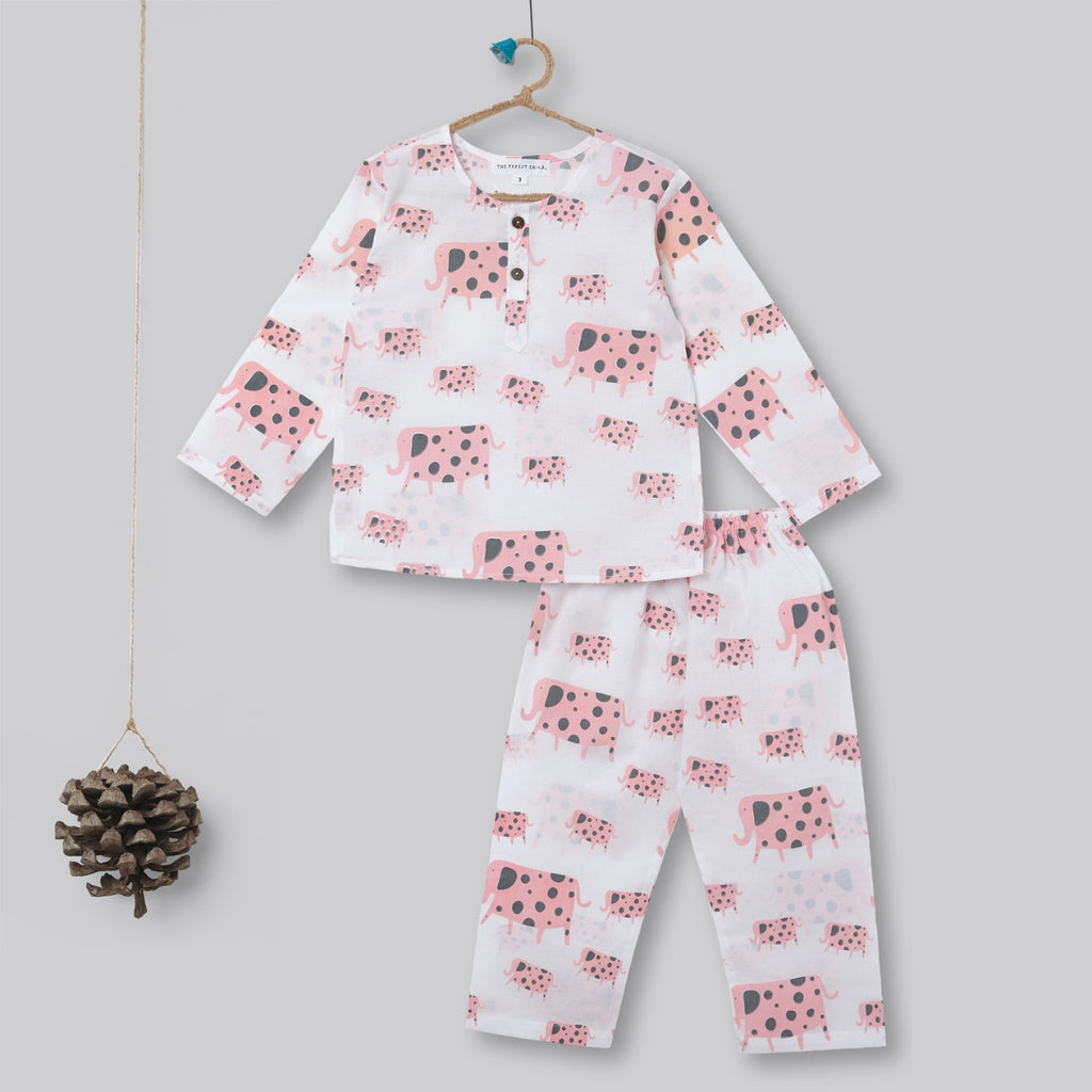 A Parade of Elephants - Kurta Pyjama Set in Pink and Grey