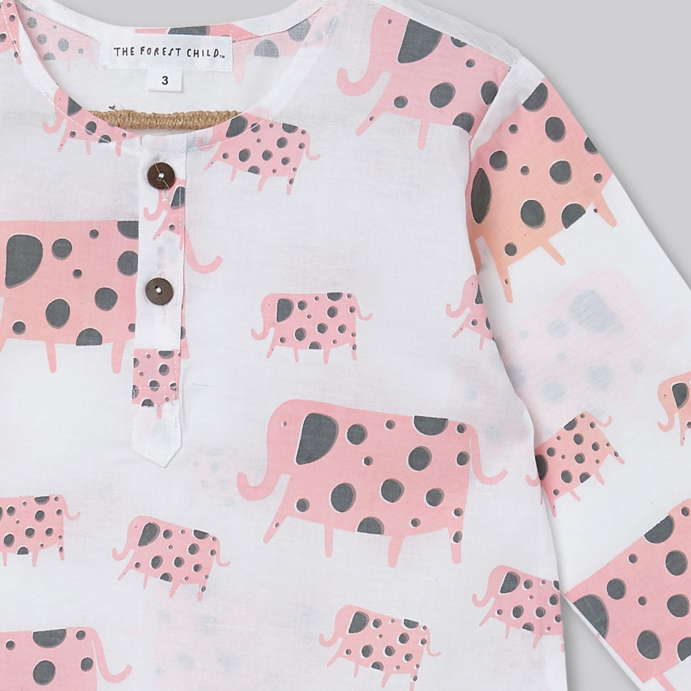 A Parade of Elephants - Kurta Pyjama Set in Pink and Grey