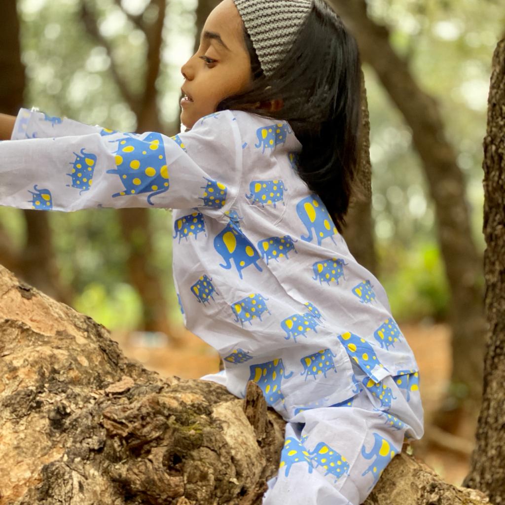 A Parade of Elephants - Kurta Pyjama Set in Blue and Yellow